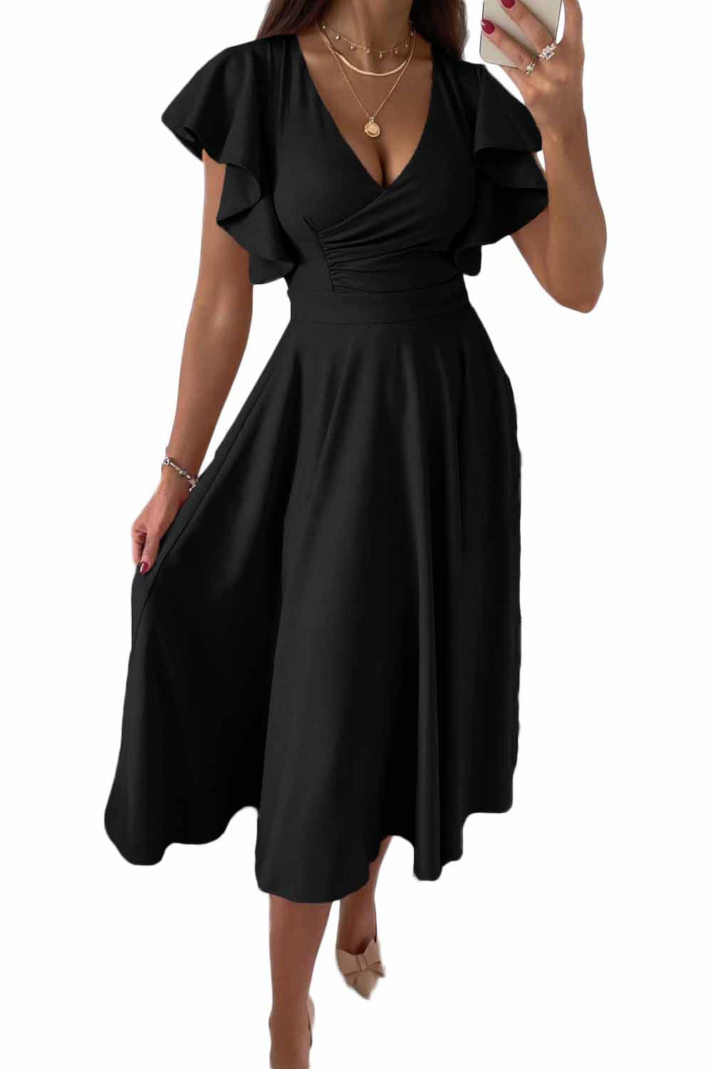 Black Ruffled Sleeve Wrap V Neck Midi Dress Midi Dresses JT's Designer Fashion