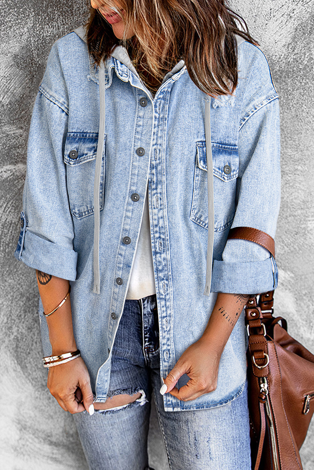 Mist Blue Oversized Contrast Hooded Denim Jacket Mist Blue 85%Cotton+15%Polyester Denim Jackets JT's Designer Fashion