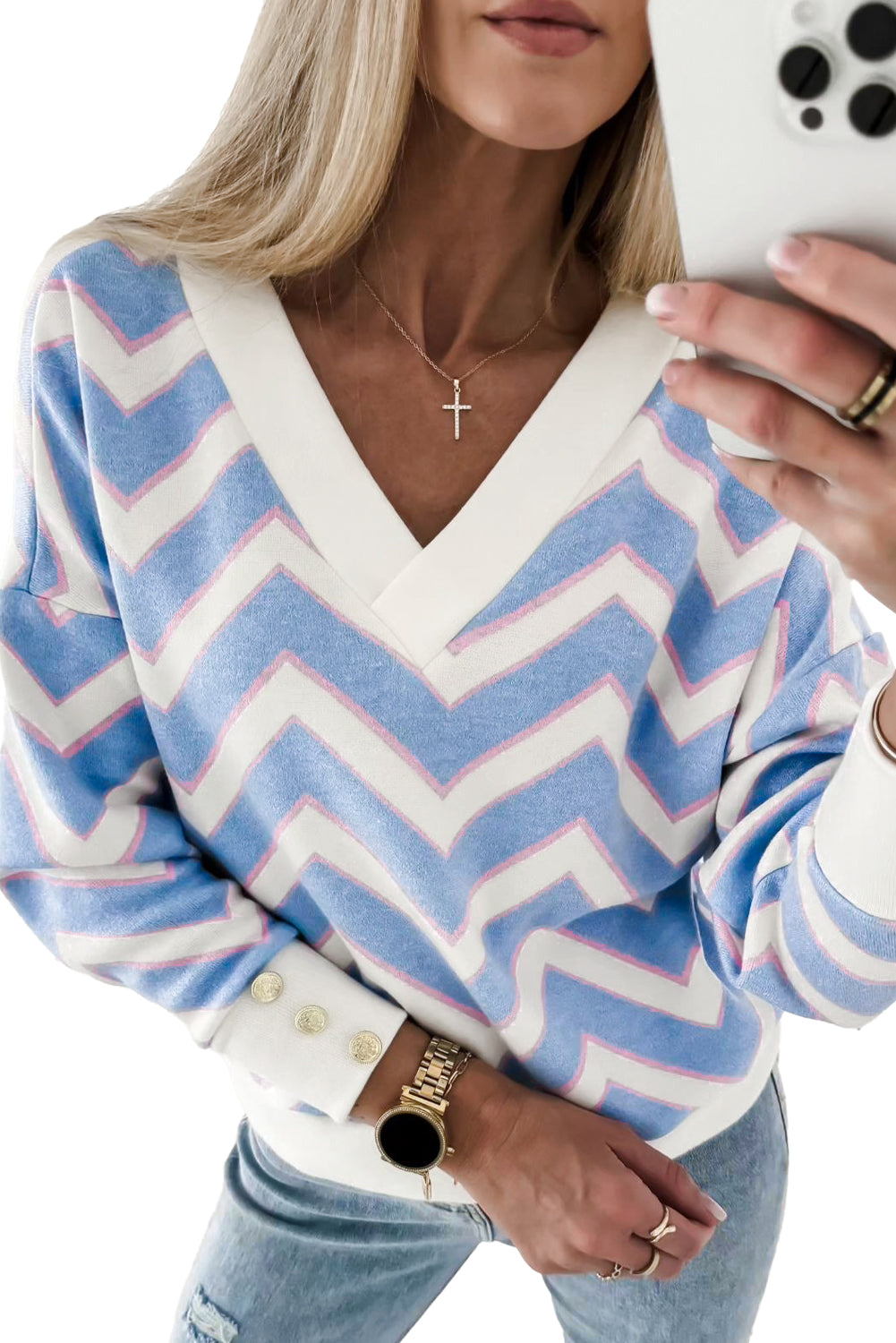 Sky Blue Zigzag Striped Print V Neck Oversized Top Long Sleeve Tops JT's Designer Fashion