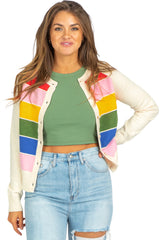 White Stripe Colorful Pattern Button Front Sweater Cardigan Cardigans JT's Designer Fashion