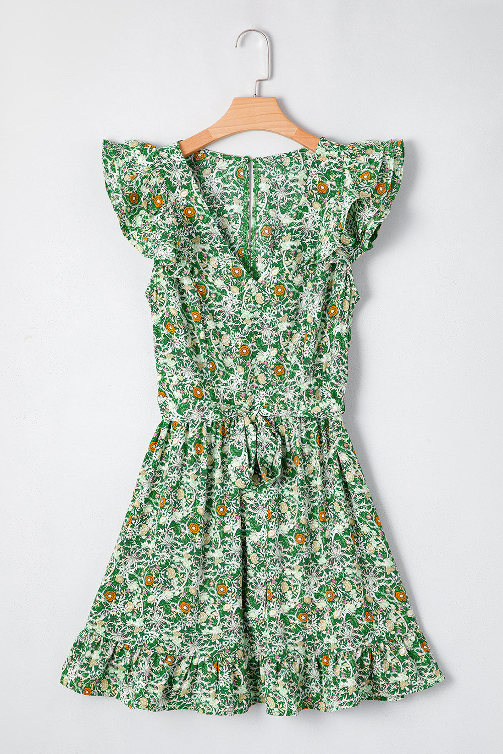 Green Flower Print Flutter Sleeve V Neck Sashed Ruffled Mini Dress Floral Dresses JT's Designer Fashion