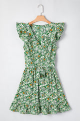 Green Flower Print Flutter Sleeve V Neck Sashed Ruffled Mini Dress Floral Dresses JT's Designer Fashion