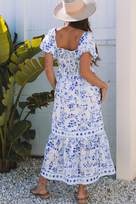 Sky Blue Floral Print Square Neck Bubble Sleeve High Waist Long Dress Maxi Dresses JT's Designer Fashion