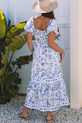 Sky Blue Floral Print Square Neck Bubble Sleeve High Waist Long Dress Maxi Dresses JT's Designer Fashion