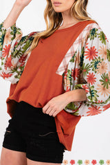 Desert Gold Floral Puff Sleeve Patchwork Round Neck Blouse Desert Gold 75%Polyester+20%Cotton+5%Elastane Blouses & Shirts JT's Designer Fashion