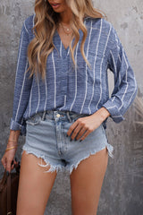 Blue Striped V Neck Pocket Long Sleeve Top Long Sleeve Tops JT's Designer Fashion