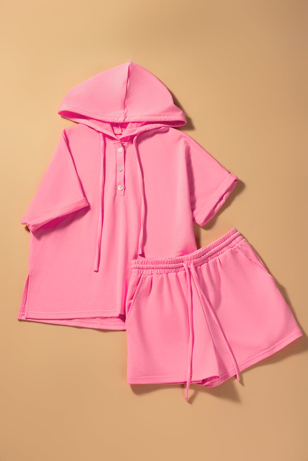 Peach Blossom Hooded Short Sleeve Henley Top and Shorts Set Short Sets JT's Designer Fashion
