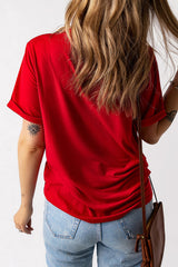 Red Glittering Rugby Pattern Crew Neck Game Day T Shirt Graphic Tees JT's Designer Fashion