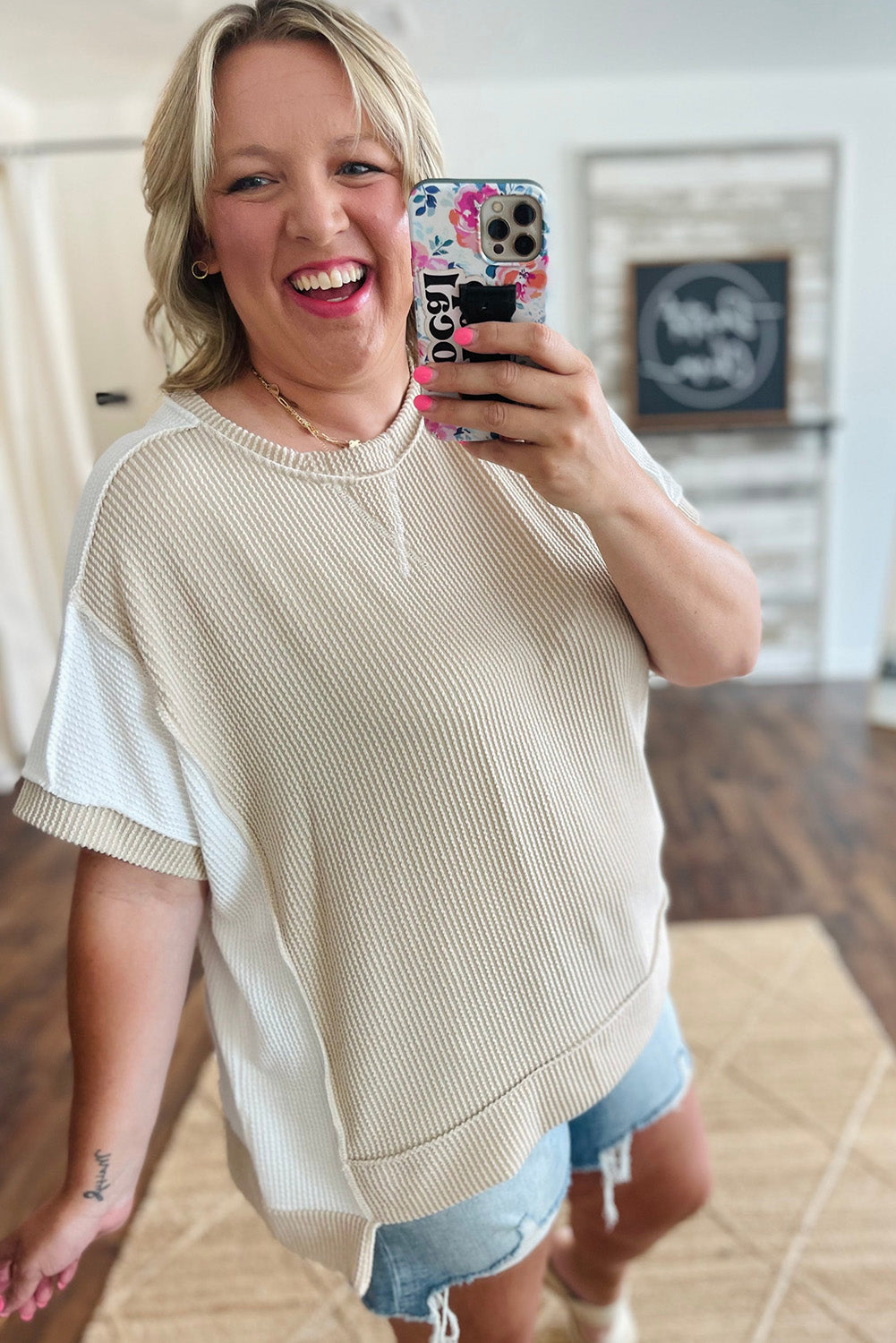 Parchment Twist Rib Colorblock Hi Low Plus Size Short Sleeve Top Plus Size JT's Designer Fashion