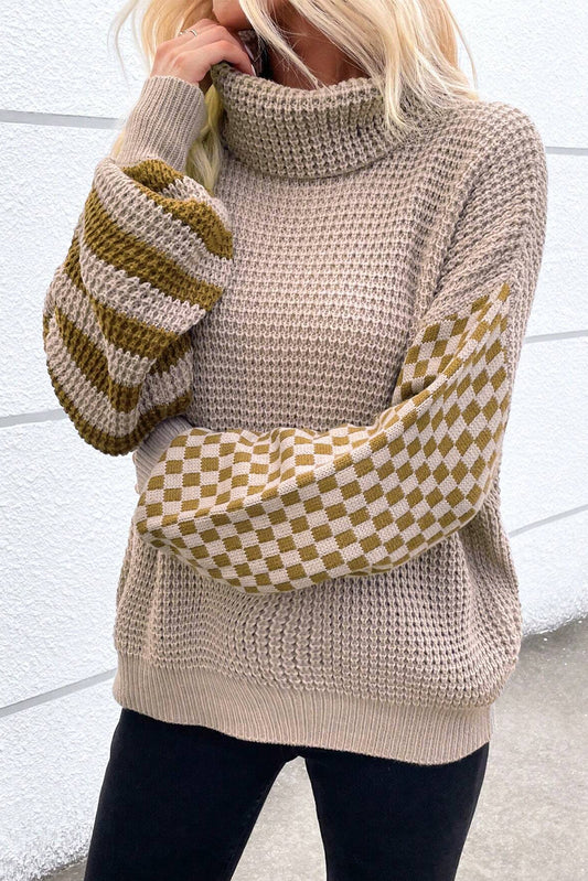 Smoke Gray Striped Plaid Patchwork Waffle Knit Turtleneck Sweater Sweaters JT's Designer Fashion