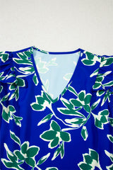 Blue V Neck Floral Print Double Ruffled Short Sleeve Blouse Blouses & Shirts JT's Designer Fashion