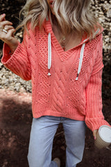 Gold Flame Cable Knit V Neck Contrast Drawstring Hooded Sweater Sweaters JT's Designer Fashion