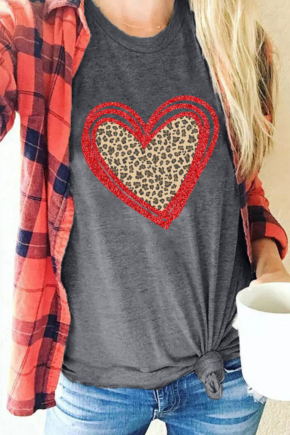 Gray Sequin Leopard Heart Graphic T-shirt Graphic Tees JT's Designer Fashion