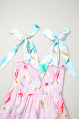 Pink Floral Print Knotted Shoulder Smocked Maxi Dress Floral Dresses JT's Designer Fashion