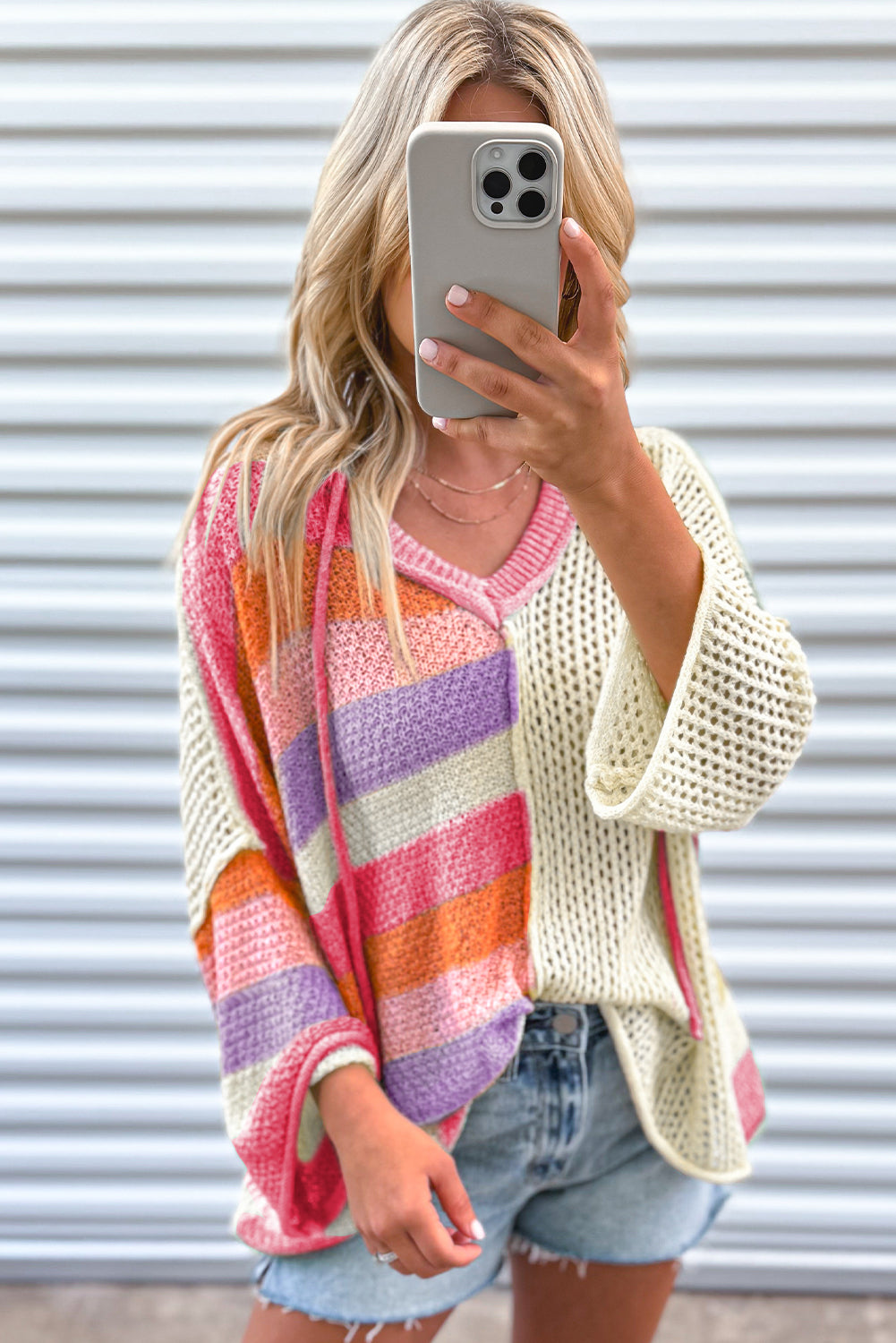 Pink Oversized Colorblock V Neck Hooded Sweater Sweaters JT's Designer Fashion