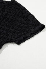 Black Frill Textured Short Sleeve Top and Drawstring Shorts Set Short Sets JT's Designer Fashion