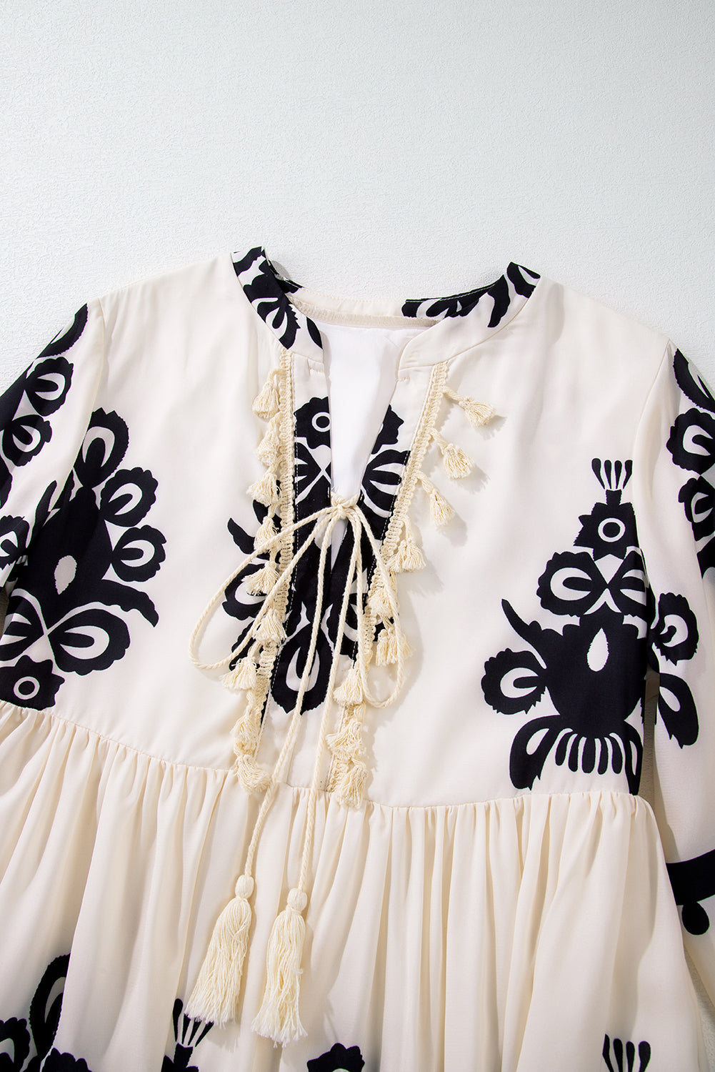 Beige Western Pattern Print Tasseled Notch V Neck Mini Dress Mini Dresses JT's Designer Fashion