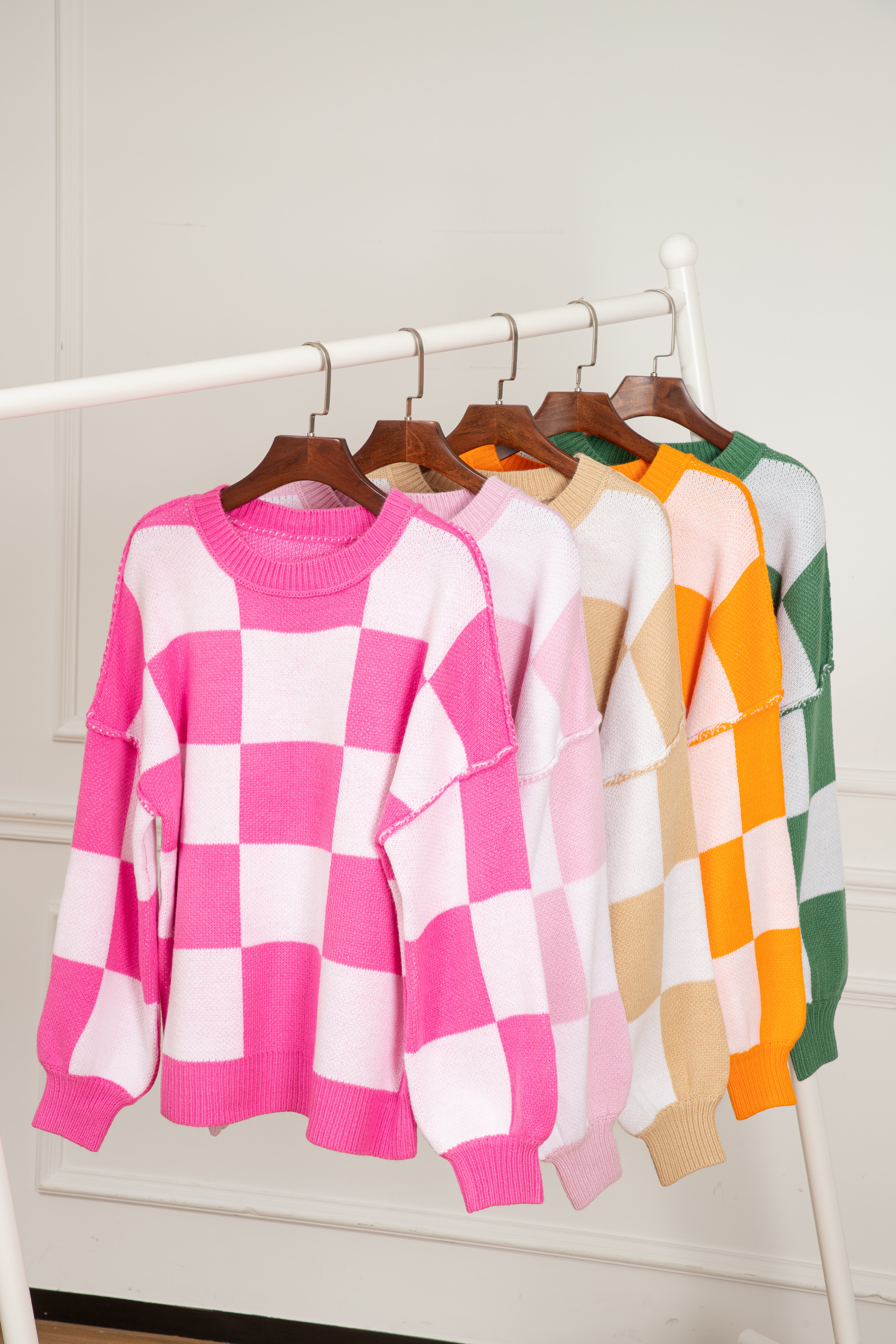 Pink Checkered Bishop Sleeve Sweater Sweaters JT's Designer Fashion