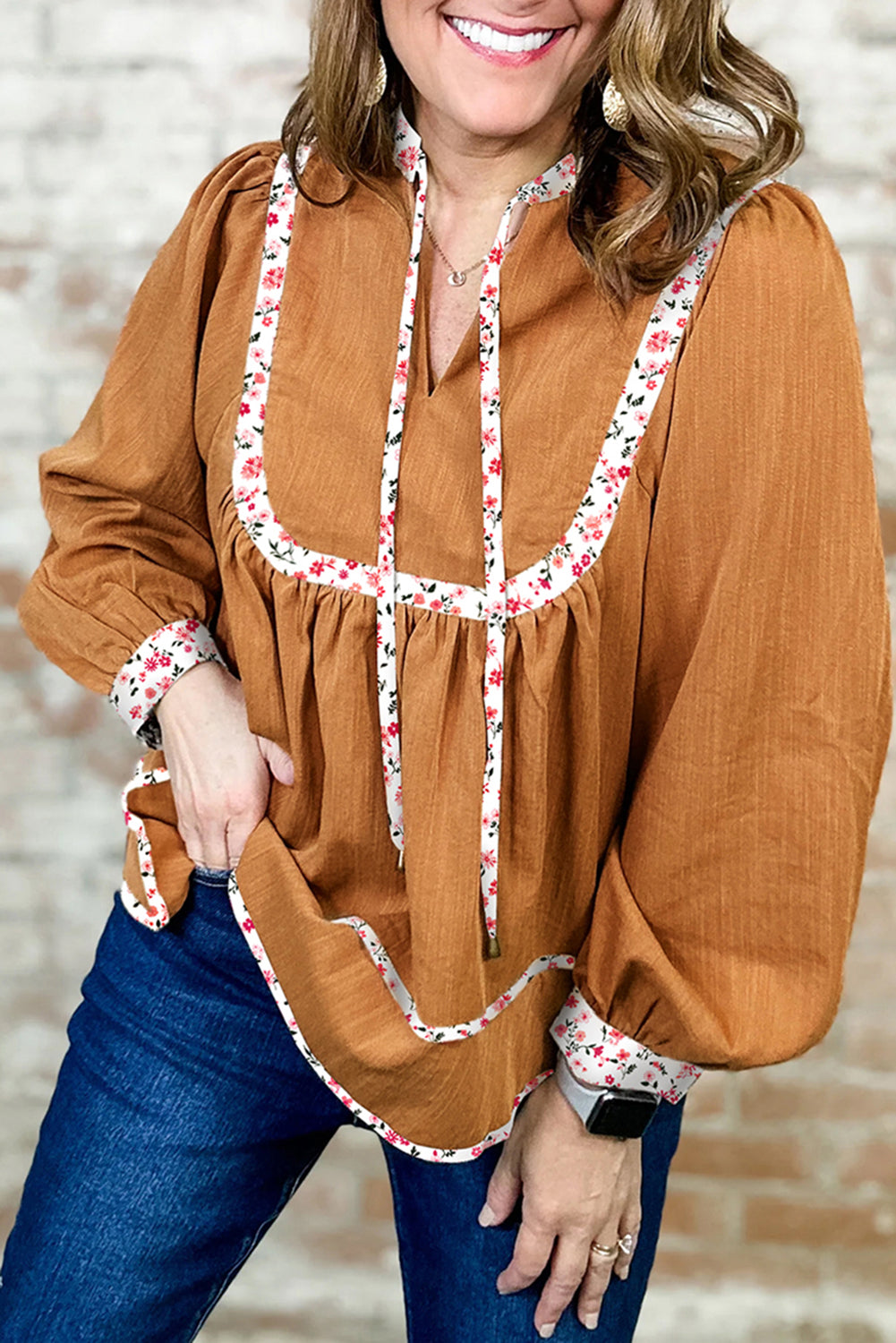 Straw Yellow Split Neck Pleated Floral Trim Long Puff Sleeve Blouse Straw Yellow 46%Viscose+33%Polyester+21%Polyamide Blouses & Shirts JT's Designer Fashion