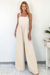 Beige Checkered Pocketed High Waist Wide Leg Overall Jumpsuits & Rompers JT's Designer Fashion