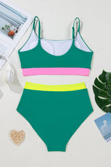 Sea Green Contrast Trim Colorblock Patchwork High Waisted Bikini High Waisted Swimsuit JT's Designer Fashion