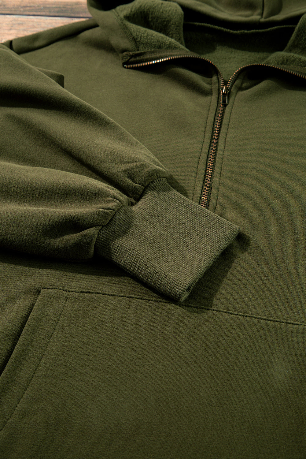 Moss Green Fleece Lined Half Zipper Kangaroo Pockets Loose Hoodie Sweatshirts & Hoodies JT's Designer Fashion