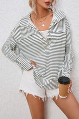 White Striped Thumbhole Drop Shoulder V Neck Top Long Sleeve Tops JT's Designer Fashion