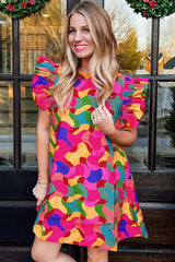 Rose Red Abstract Print Ruffle Sleeve Shift Dress Dresses JT's Designer Fashion