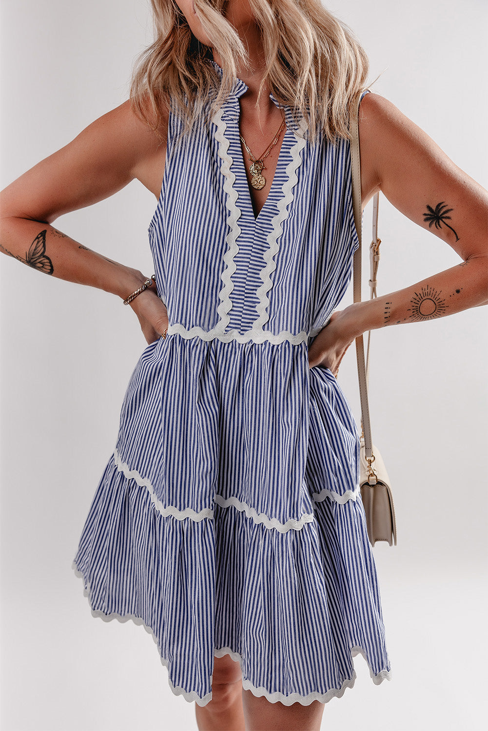 Blue Stripe Sleeveless Notched V Neck Contrast Ric Rac Mini Dress Mini Dresses JT's Designer Fashion