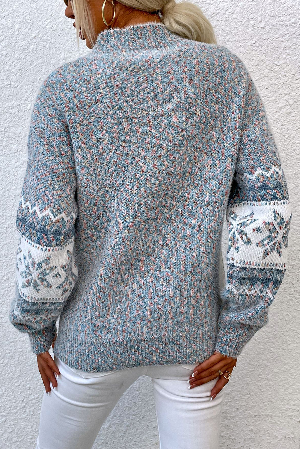 Gray Retro Snowflake Pattern Mock Neck Fuzzy Sweater Sweaters JT's Designer Fashion