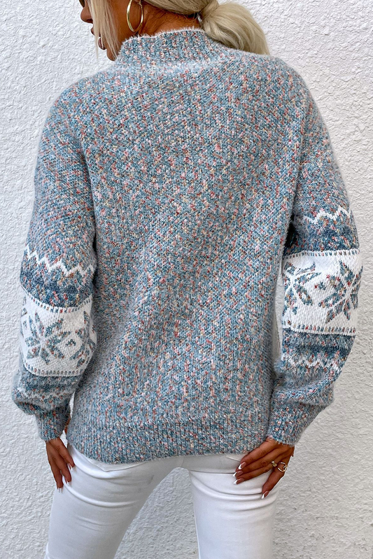 Gray Retro Snowflake Pattern Mock Neck Fuzzy Sweater Sweaters JT's Designer Fashion