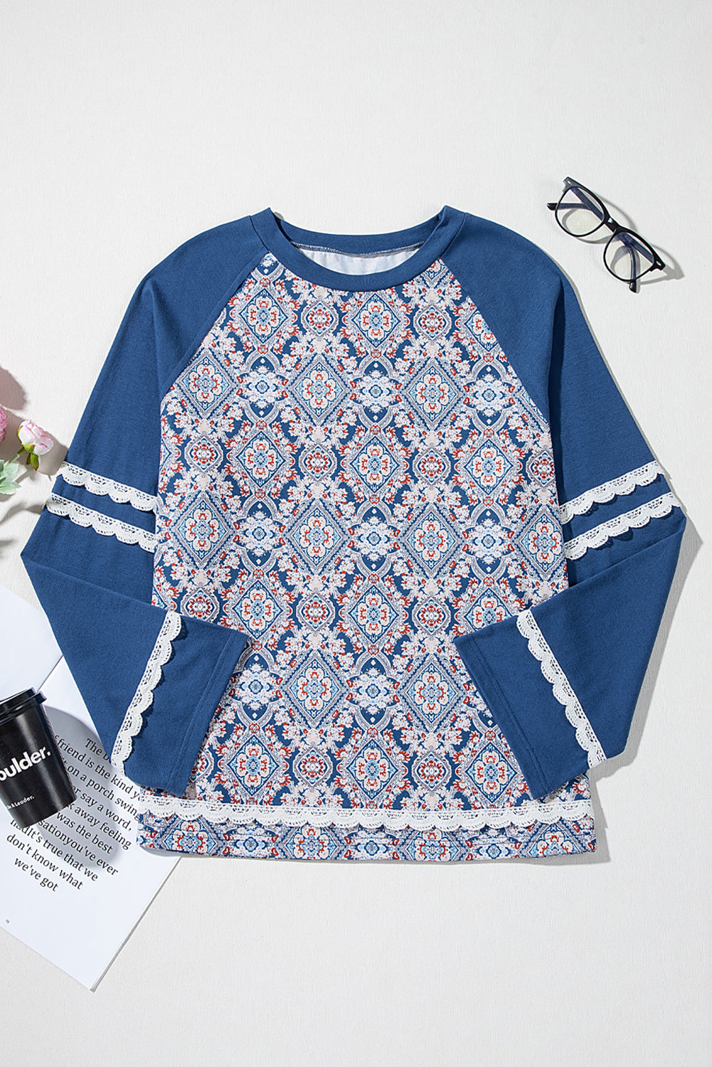 Blue Geometric Printed Lace Patchwork Ric Rac Raglan Long Sleeve Top Long Sleeve Tops JT's Designer Fashion