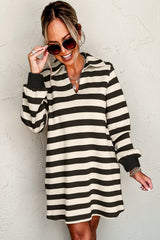 Black Stripe Collared V Neck Long Sleeve Loose Casual Dress Mini Dresses JT's Designer Fashion