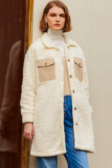 Beige Contrast Flap Pocket Single Breasted Teddy Coat Coats JT's Designer Fashion