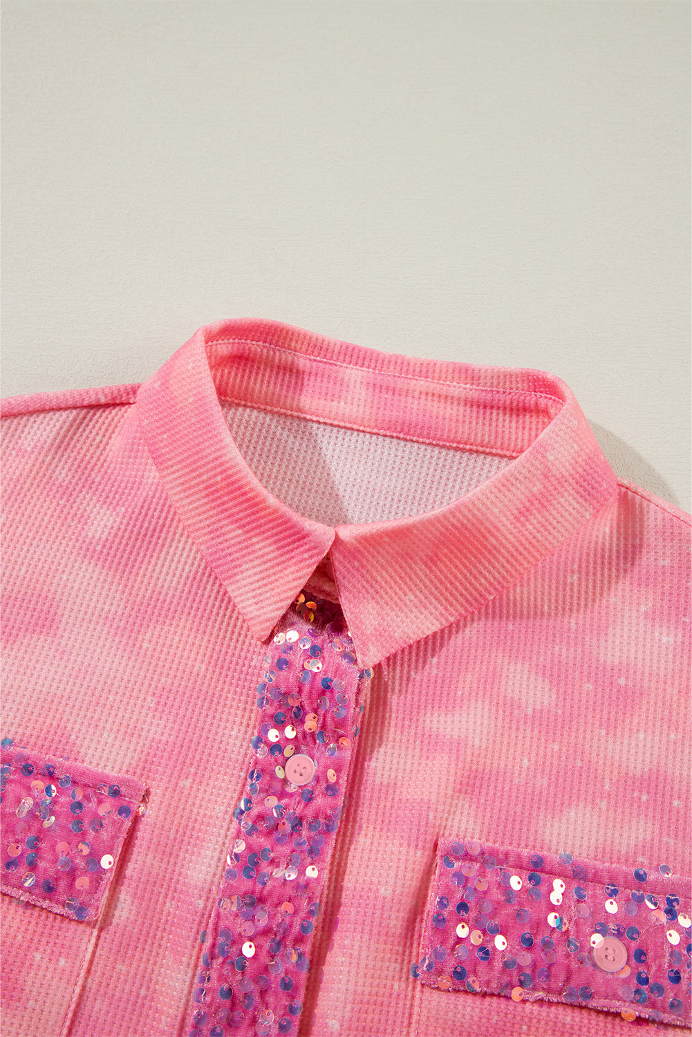 Apricot Pink Mineral Wash Sequin Patchwork Flap Pocket Shacket Jackets JT's Designer Fashion