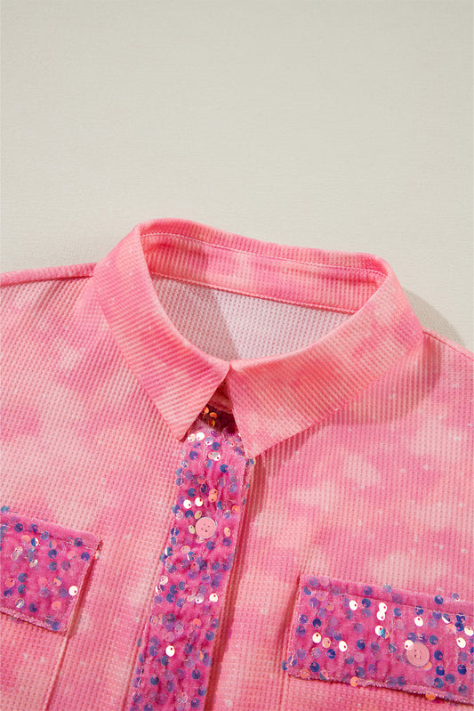 Apricot Pink Mineral Wash Sequin Patchwork Flap Pocket Shacket Jackets JT's Designer Fashion