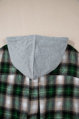 Green Plaid Print Chest Pocket Buttoned Hooded Shacket Plaid Shackets JT's Designer Fashion