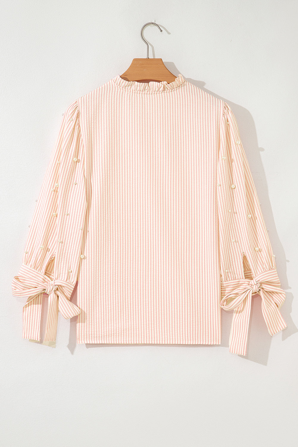 Pink Stripe Bow Knot Cuff Pearl Embellished Puff Sleeve V Neck Blouse Blouses & Shirts JT's Designer Fashion