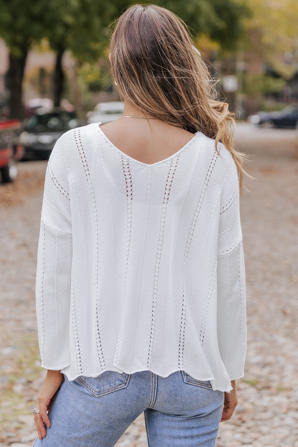 White Hollowed Detail Knitted Loose V Neck Sweater Sweaters & Cardigans JT's Designer Fashion