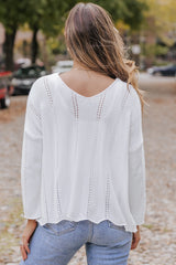 White Hollowed Detail Knitted Loose V Neck Sweater Sweaters & Cardigans JT's Designer Fashion