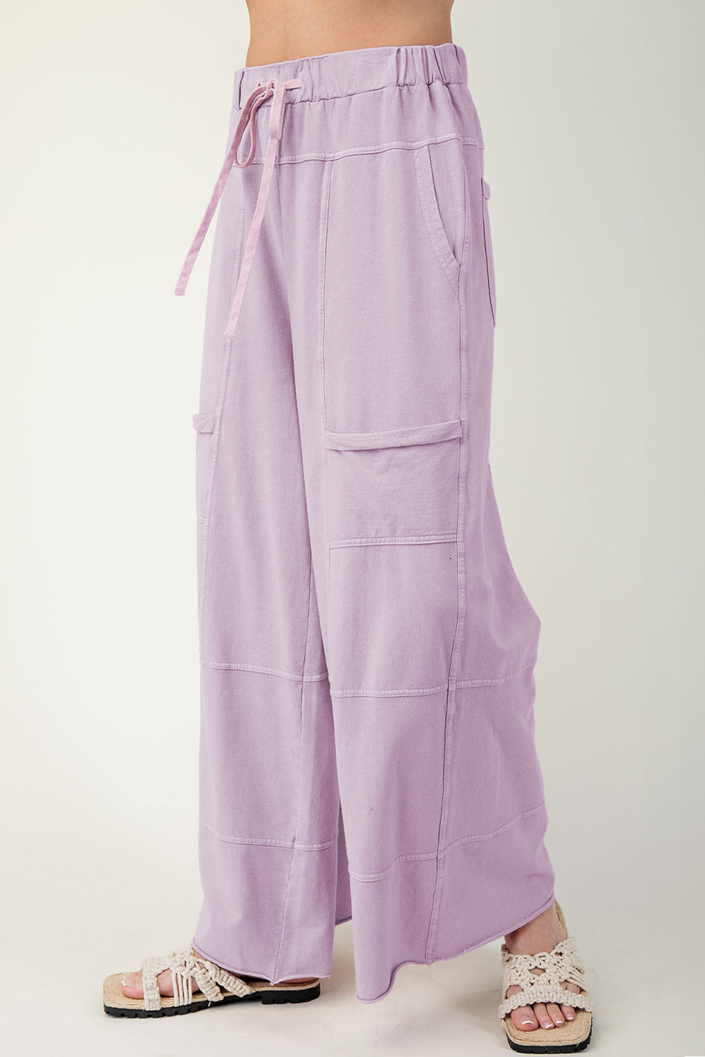 Pink Mineral Wash Exposed Seam Drawstring High Waist Wide Leg Cargo Pants Casual Shorts JT's Designer Fashion