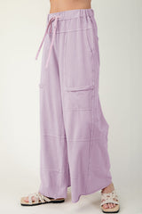 Pink Mineral Wash Exposed Seam Drawstring High Waist Wide Leg Cargo Pants Casual Shorts JT's Designer Fashion