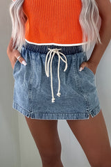 Dusk Blue Drawstring High Waist Pocketed Denim Shorts Bottoms JT's Designer Fashion