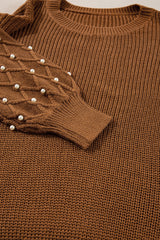 Chestnut Beaded Drop Shoulder Round Neck Sweater Sweaters JT's Designer Fashion