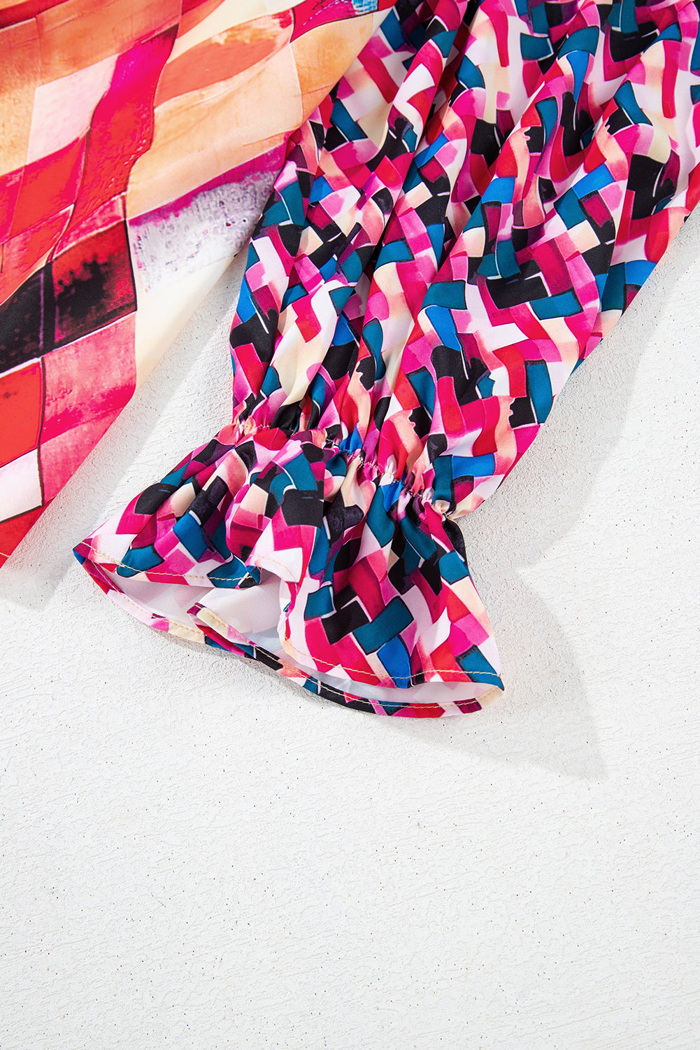 Rose Red Abstract Geometric Pattern Patchwork Puff Sleeve Blouse Blouses & Shirts JT's Designer Fashion