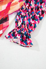 Rose Red Abstract Geometric Pattern Patchwork Puff Sleeve Blouse Blouses & Shirts JT's Designer Fashion