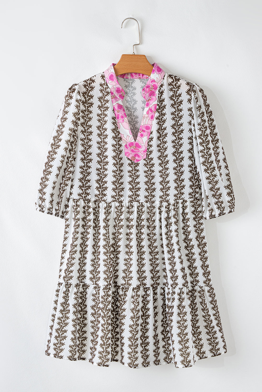 Black Contrast Floral V Neck Printed Bracelet Sleeve Dress Mini Dresses JT's Designer Fashion
