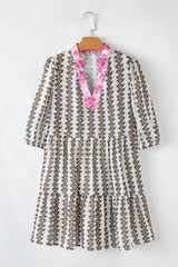 Black Contrast Floral V Neck Printed Bracelet Sleeve Dress Mini Dresses JT's Designer Fashion