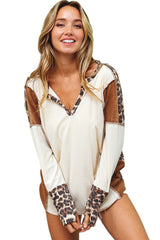 White Leopard Color Block Patchwork Split Neck Long Sleeve Top Long Sleeve Tops JT's Designer Fashion