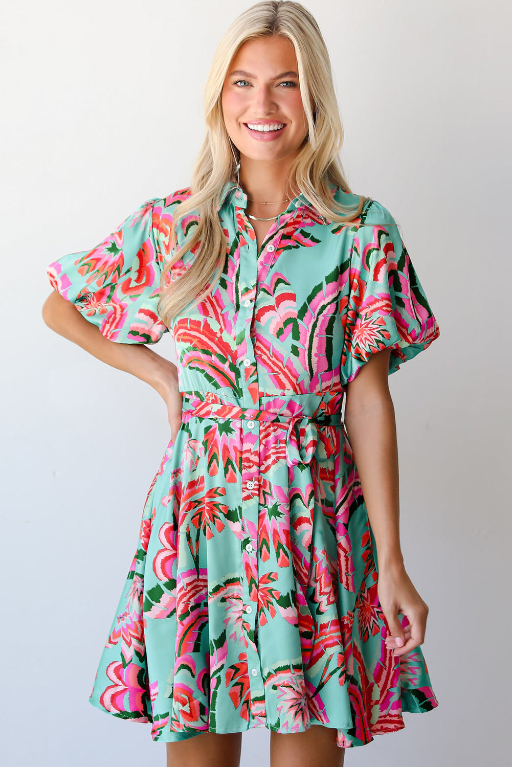 Green Abstract Print Lace-up High Waist Buttoned Mini Dress Mini Dresses JT's Designer Fashion